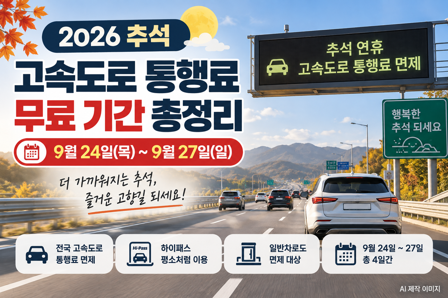 2026 추석 고속도로 통행료 무료 기간 9월 24일부터 27일까지 안내