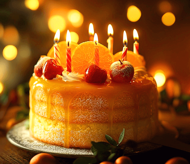 노란색의 폭식한 오렌지 케이크가 있다 위에는 빨간 딸기와 잘린 오렌지들, 촛불이 켜진 초들이 있다.