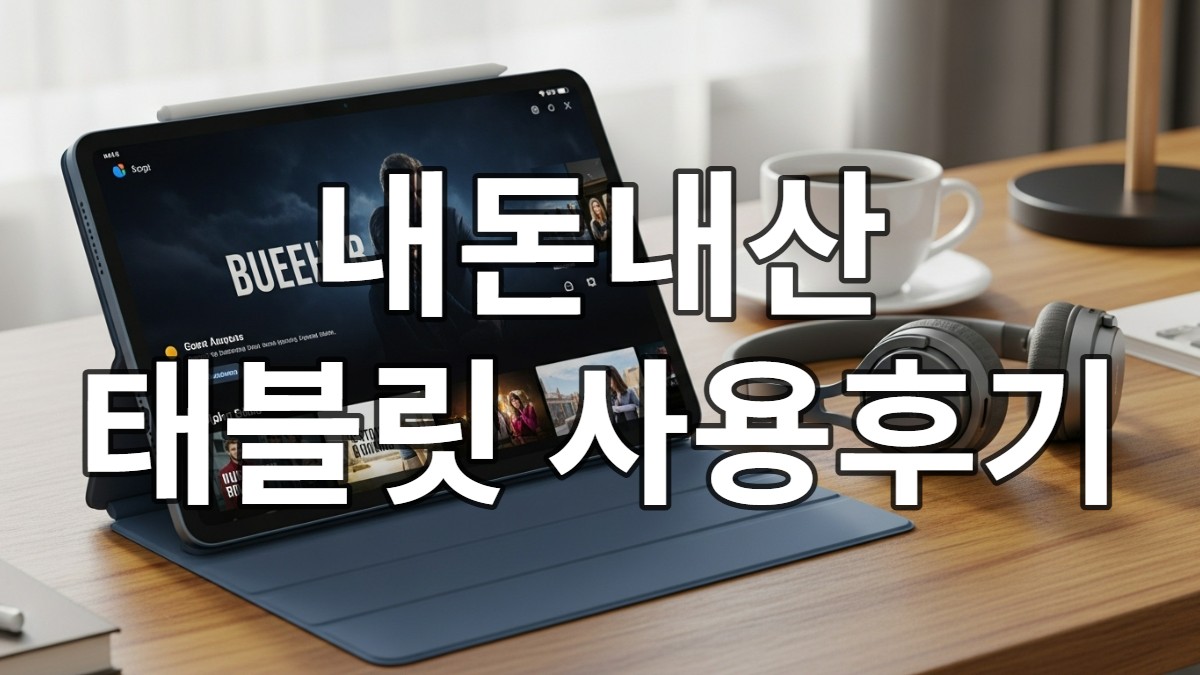 나무 책상 위 블루그레이 색상의 가성비 태블릿, 커피와 헤드폰이 놓여있고 태블릿 화면에는 영상이 재생 중인 모습