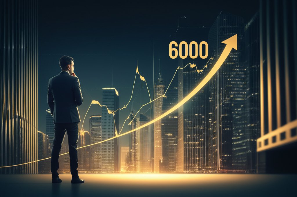 코스피 6000선 시대, 금융 시장과 개인 투자자의 심리를 담은 히어로 시네마틱 이미지