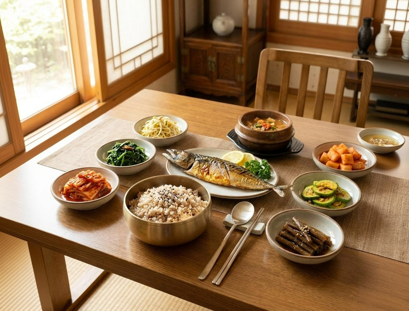 구운 생선과 잡곡밥, 색색의 채소 반찬이 차려진 한국식 밥상