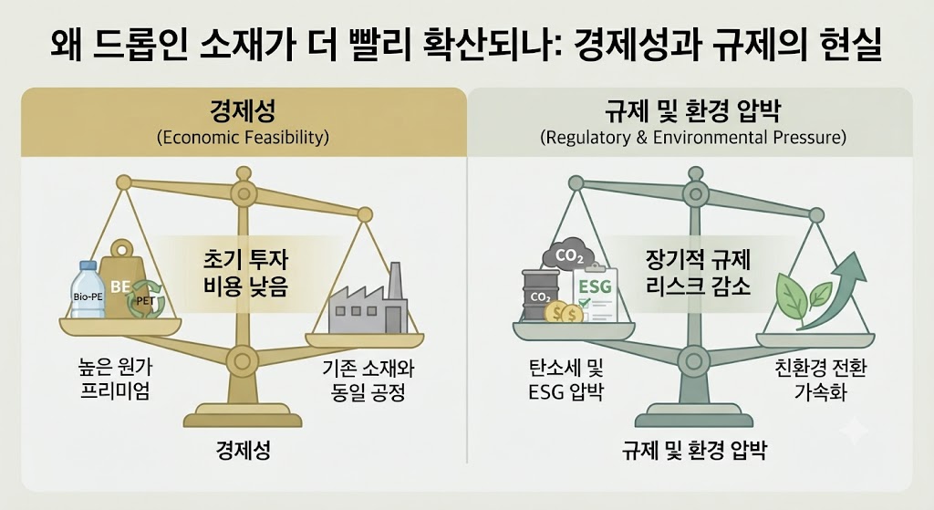 왼쪽 '원가 프리미엄' 저울에는 바이오PE 생산 비용이 기존 PE보다 비싸다는 점을 표현했습니다. 오른쪽 '탄소 규제 대응' 저울에서는 비싼 원가에도 불구하고 기업들이 왜 드롭인을 선택하는지 보여줍니다. '탄소세 회피', '스코프 3 배출량 감소', 'ESG 평가 상승'이라는 혜택이 원가 부담보다 크다는 점을 상징적으로 비교했습니다.