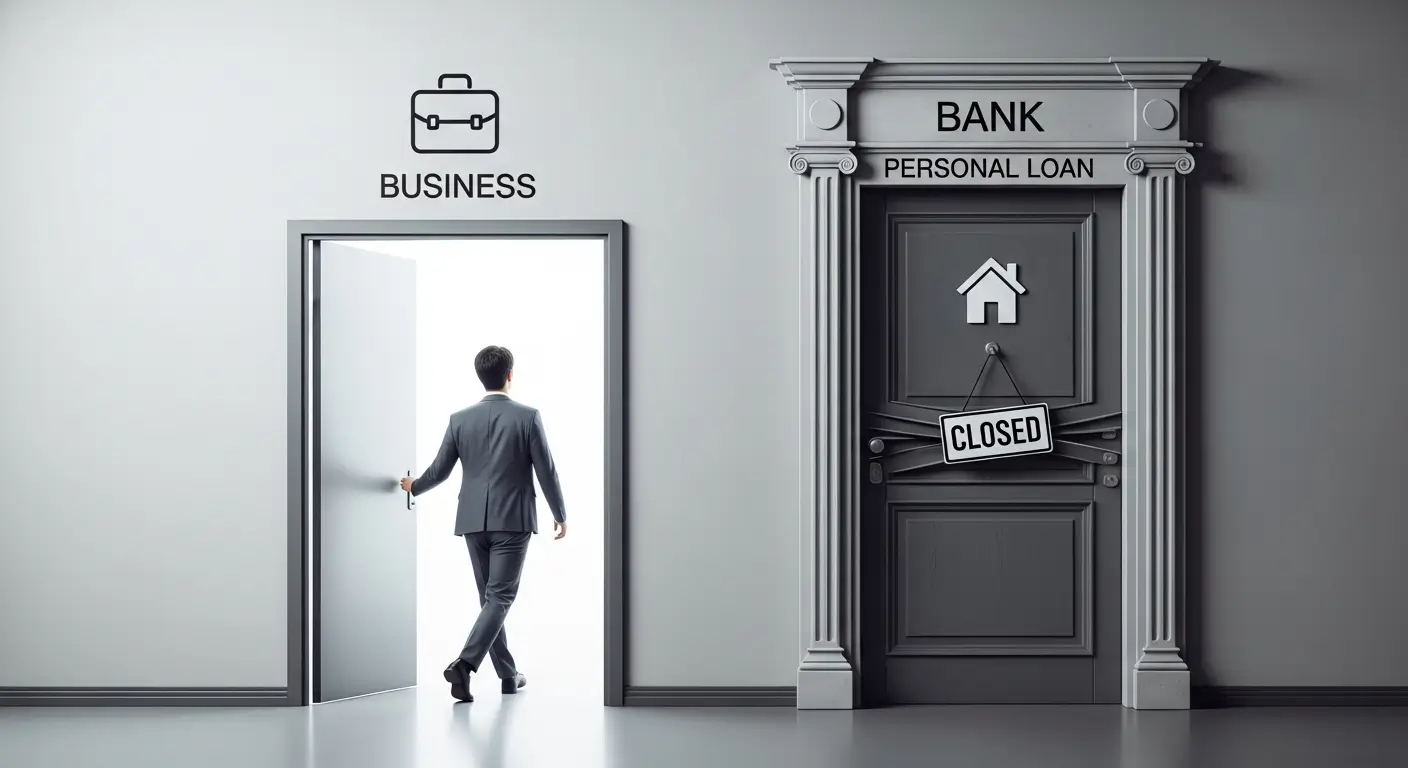 굳게 닫힌 1금융권 가계대출 문을 지나, DSR 미적용이 가능한 2금융권 사업자대출의 열린 문으로 향하는 모습