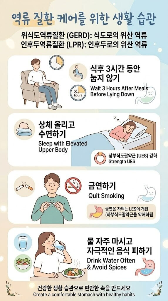 역류질환 케어를 위한 생활습관 인포그래픽