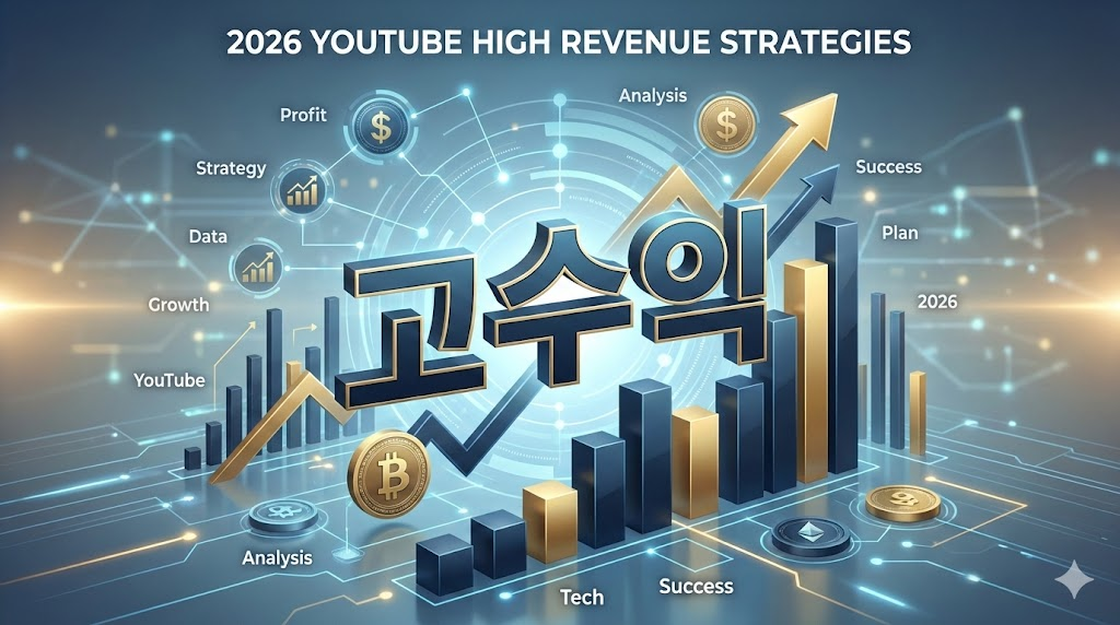 2026년 유튜브 고수익 창출 전략을 상징하는 미래형 비즈니스 데이터 인포그래픽 이미지
