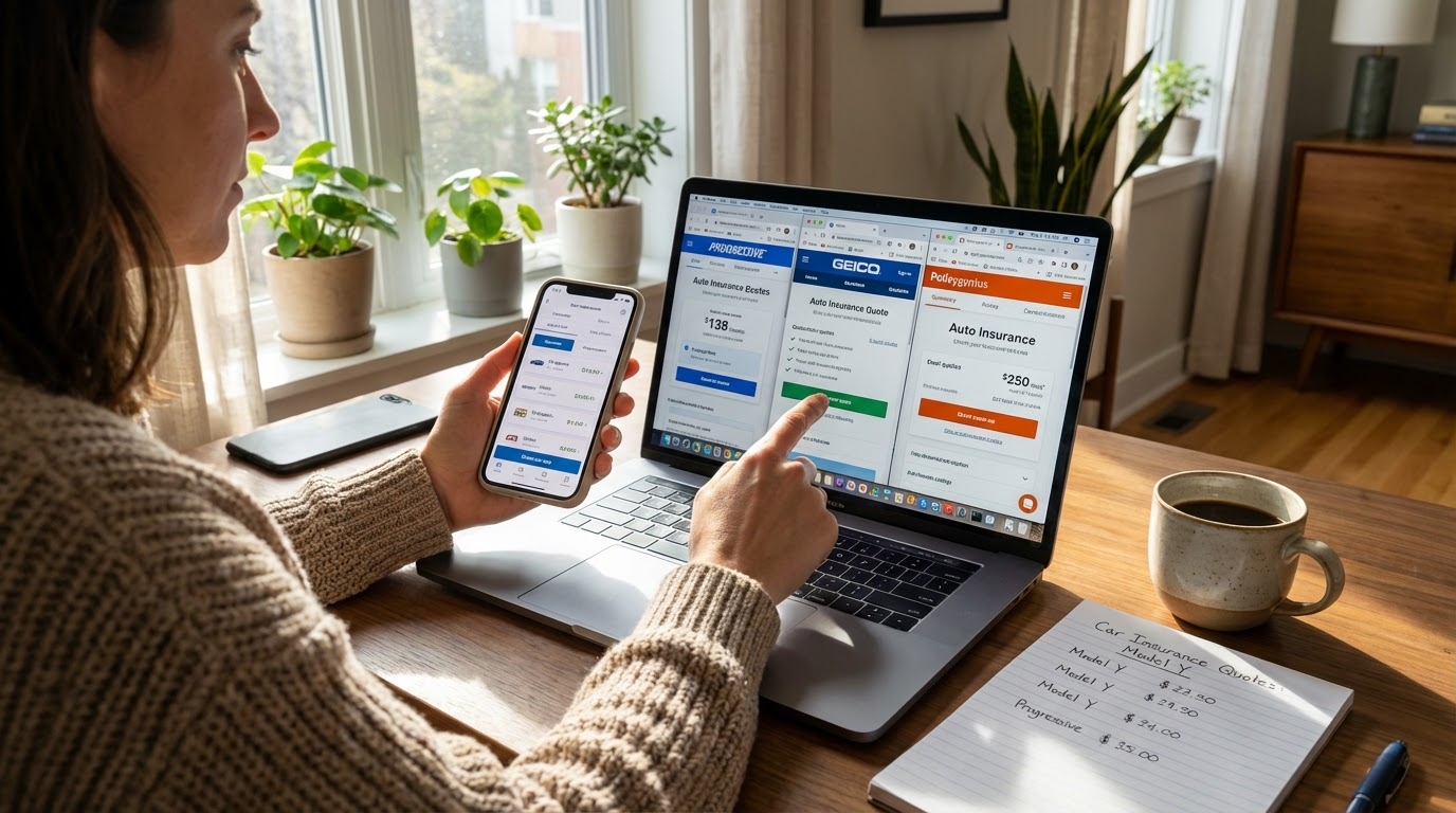 ノートパソコンとスマートフォンで自動車保険のオンライン見積もり、複数タブ