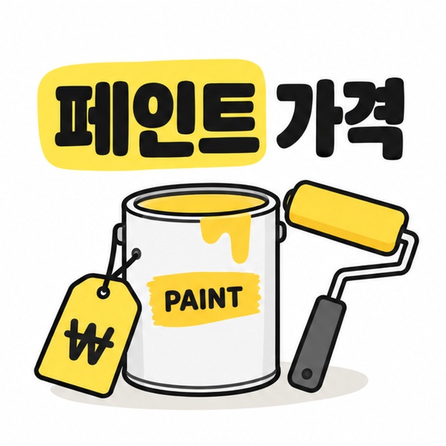 페인트 가격 제목과 페인트통, 롤러, 가격표를 함께 보여주는 그림