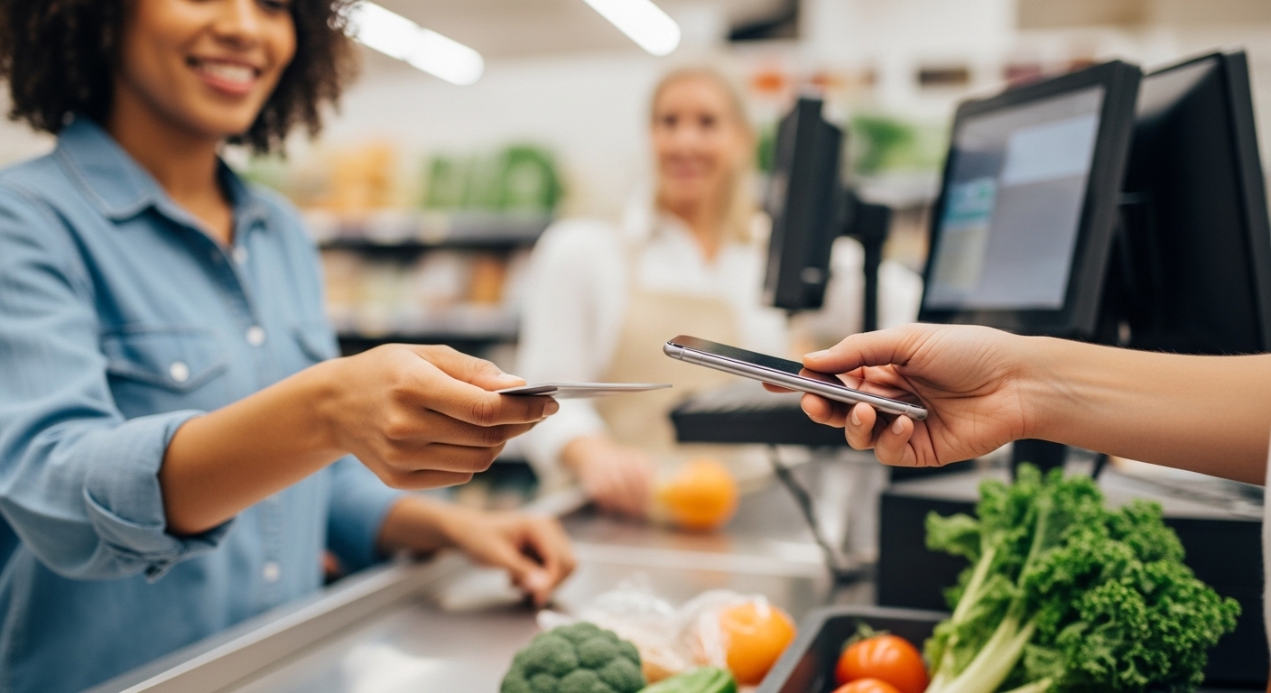 지역 마트에서 민생회복 소비쿠폰으로 식료품을 결제하는 손과 미소 짓는 직원