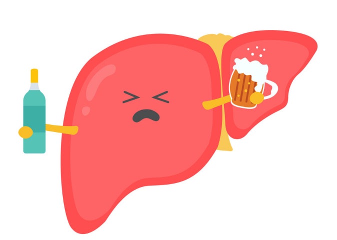 간을 형상화한 그림에서 간이 술을 들고 싫은표정을 짖고있다