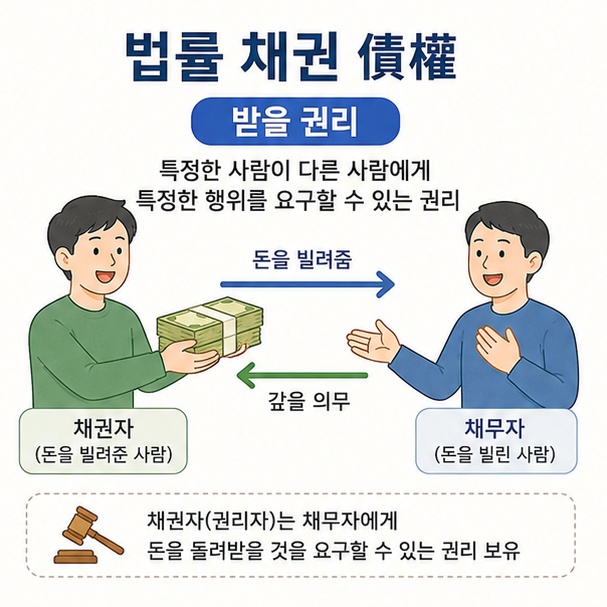 돈을 빌려준 사람이 상대방에게 상환을 요구할 수 있는 법률상 채권의 뜻과 채권자와 채무자의 관계를 설명한 이미지