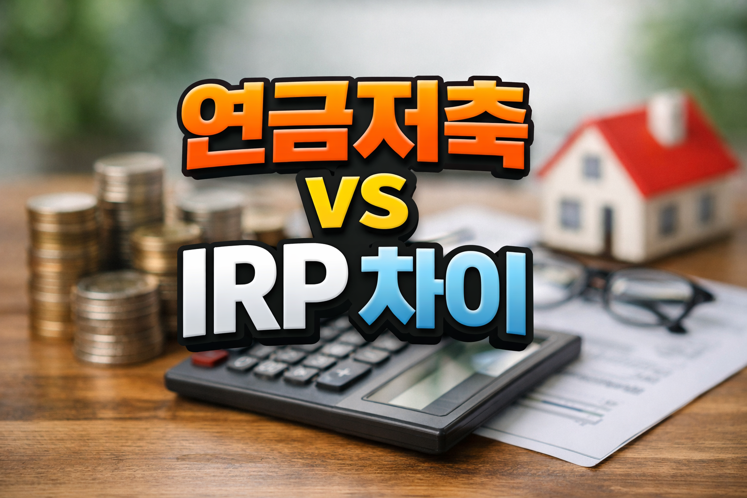 동전 더미와 계산기, 집 모형이 놓인 배경 위에 &lsquo;연금저축 VS IRP차이&rsquo; 문구가 크게 들어간 절세 계좌 비교 썸네일