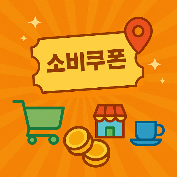 "주황과 노랑 라디얼 배경 위 오른쪽에 연노랑 쿠폰, 쇼핑카트, 마트, 카페, 식당 아이콘, 위치핀과 지도 아이콘이 모여 있고, 왼쪽에 글씨를 넣을 수 있는 여백이 있는 일러스트"