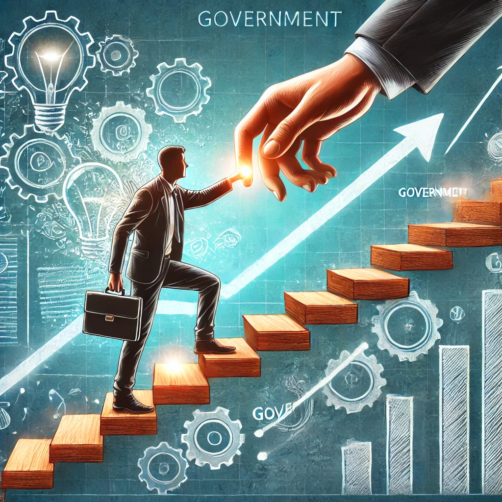 사업가는 금융 지원과 서류로 만들어진 계단을 오르고 있으며, 'Government'라고 적힌 손이 그를 돕고 있습니다. 배경에는 성장과 혁신을 상징하는 그래프, 기어, 전구 등이 표현되었습니다.