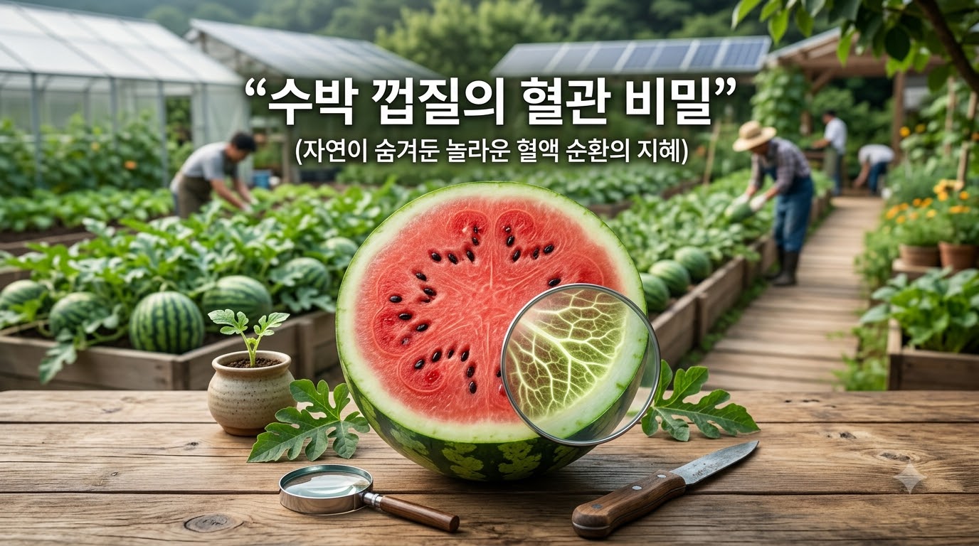 수박껍질 혈관 비밀 - 싱그러운 밭에서 수확한 커다란 수박과 두꺼운 녹색 껍질