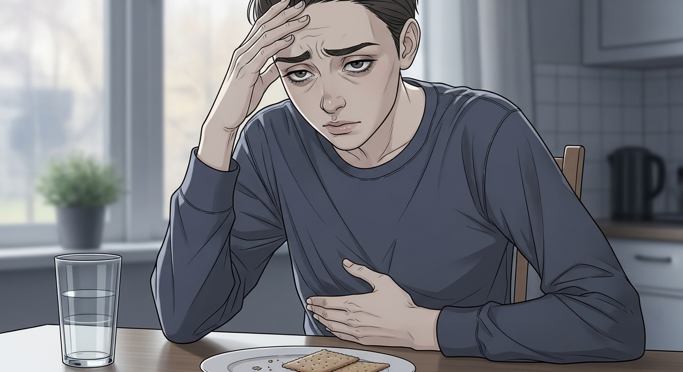 약간의 두통이나 속쓰림을 느끼는 사람의 모습, 가바 복용 시 나타날 수 있는 경미한 부작용을 표현