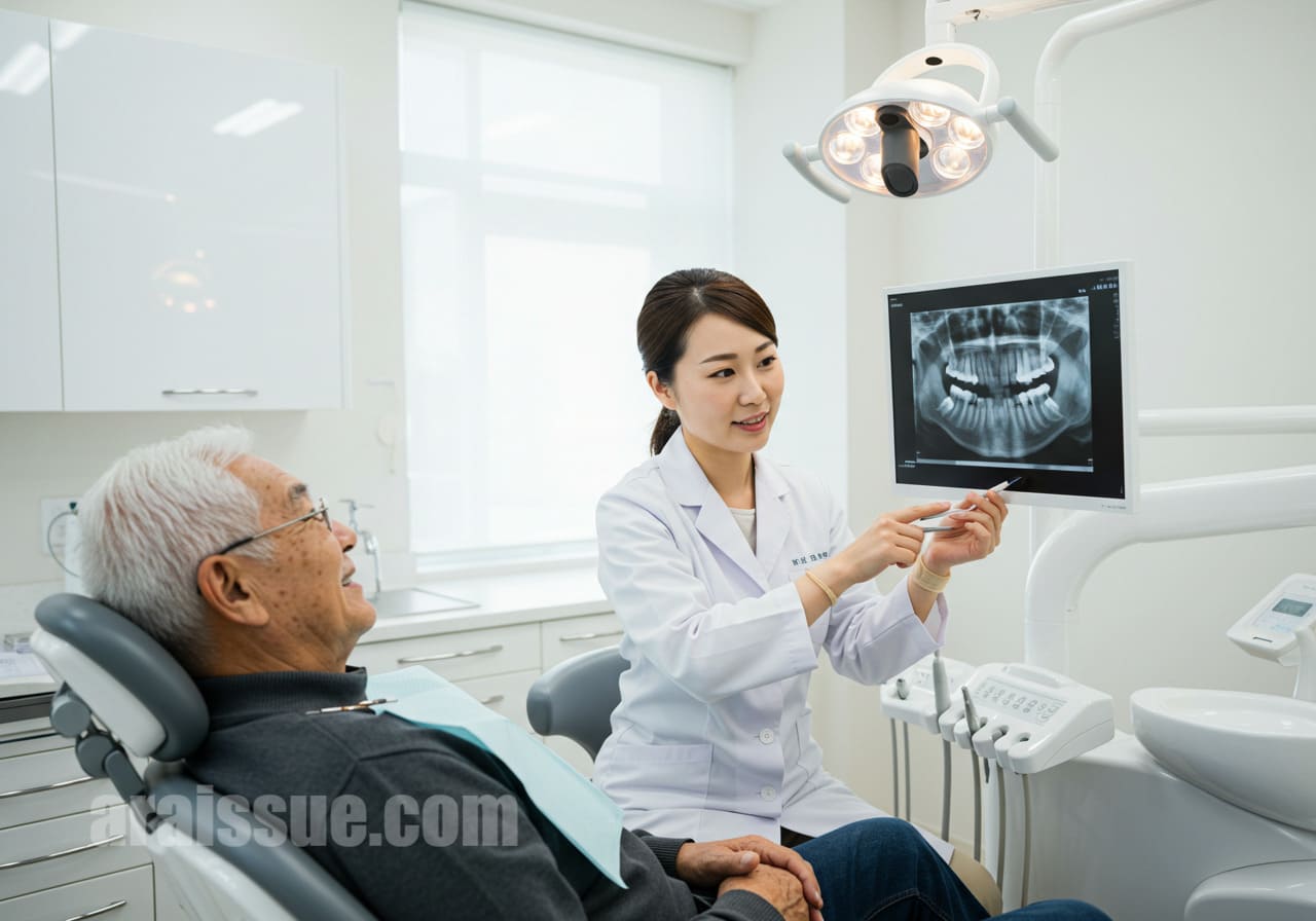 치과에서 의사가 고령 남성에게 틀니와 임플란트 보험 적용에 대해 설명하는 모습입니다.
치과 진료실은 밝고 현대적인 인테리어로 구성되어 있으며, 의료진의 설명이 중심이 되는 장면입니다.