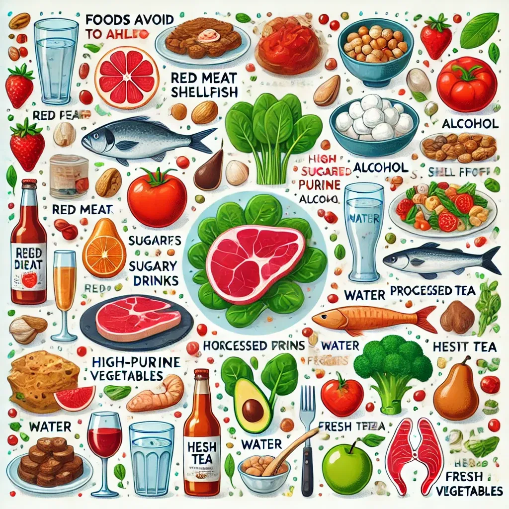 통풍 관리를 위한 피해야 할 음식과 건강한 대체 식품을 보여주는 인포그래픽