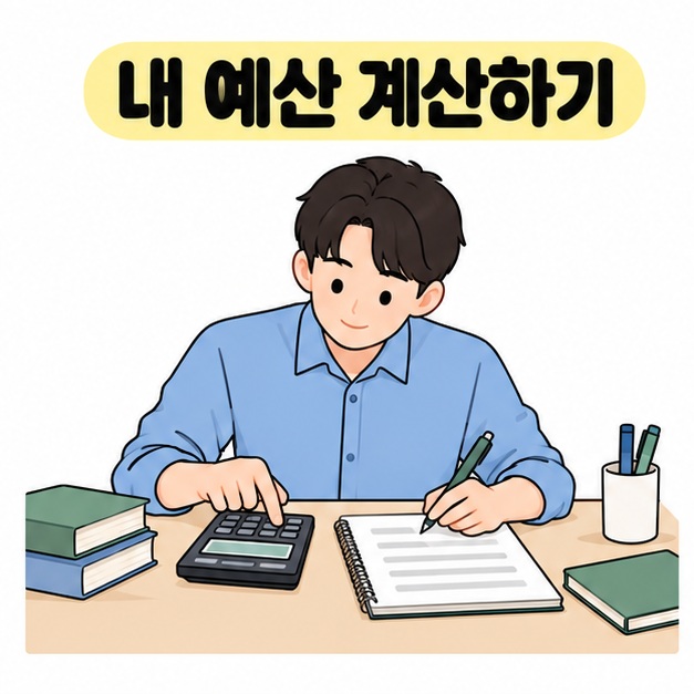 남성이 계산기를 누르면서 노트에 메모하며 개인별 학습 예산을 계산하는 모습