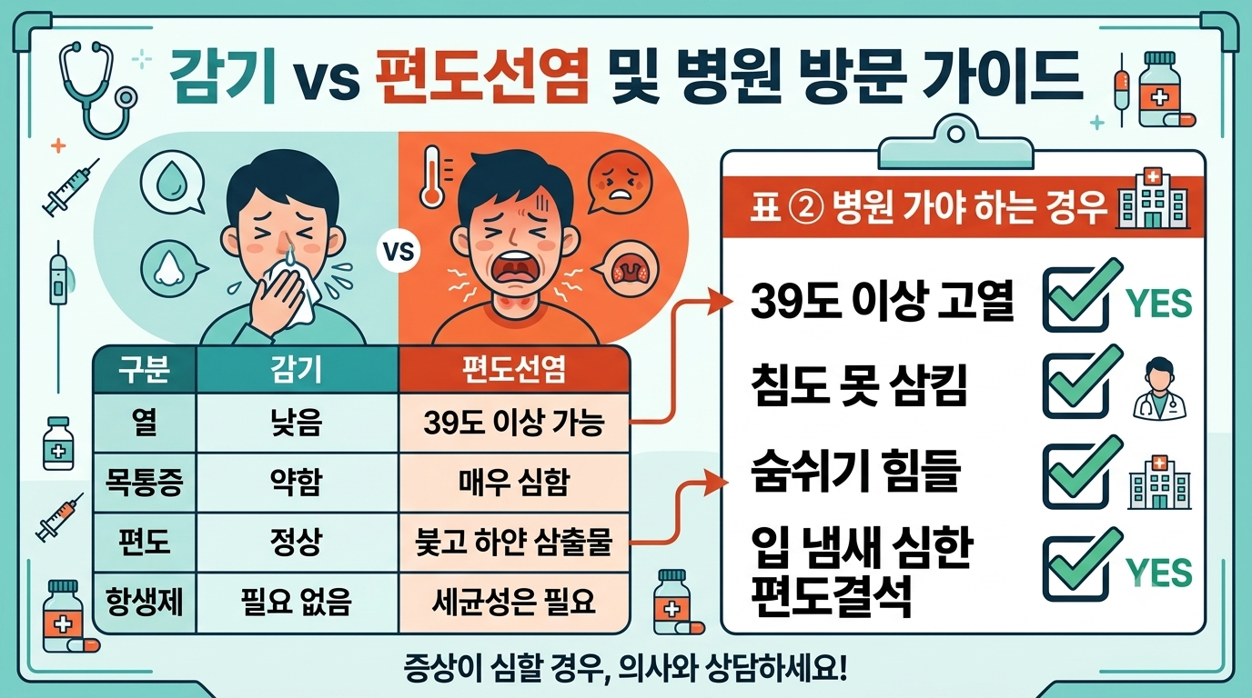 감기와 편도선염의 비교표
