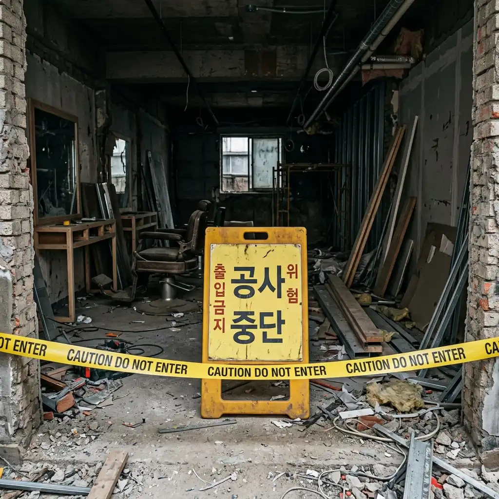 턴키 인테리어 공사 중 착수금만 받고 철거 상태에서 잠적해버린 참혹한 사기 피해 현장의 모습입니다.