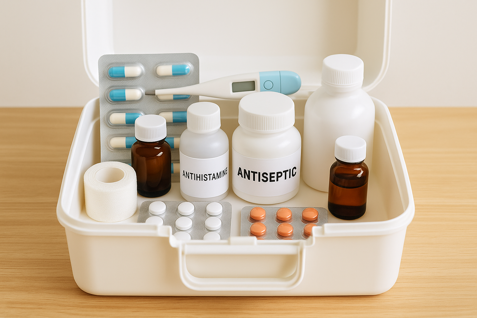 집에서 상비약을 체계적으로 정리해 둔 약 보관함 모습