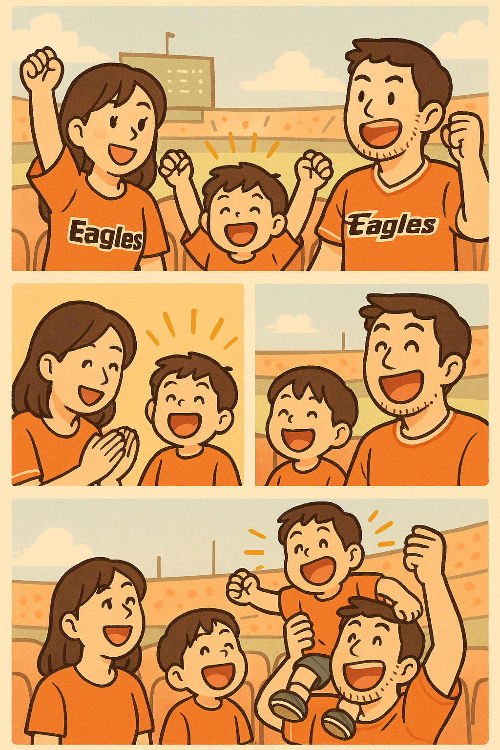 30대 부부와 아이가 야구장에서 한화 이글스 경기를 보며 환호하는 코믹한 4컷 만화. 간단한 배경, 따뜻하고 밝은 색감으로