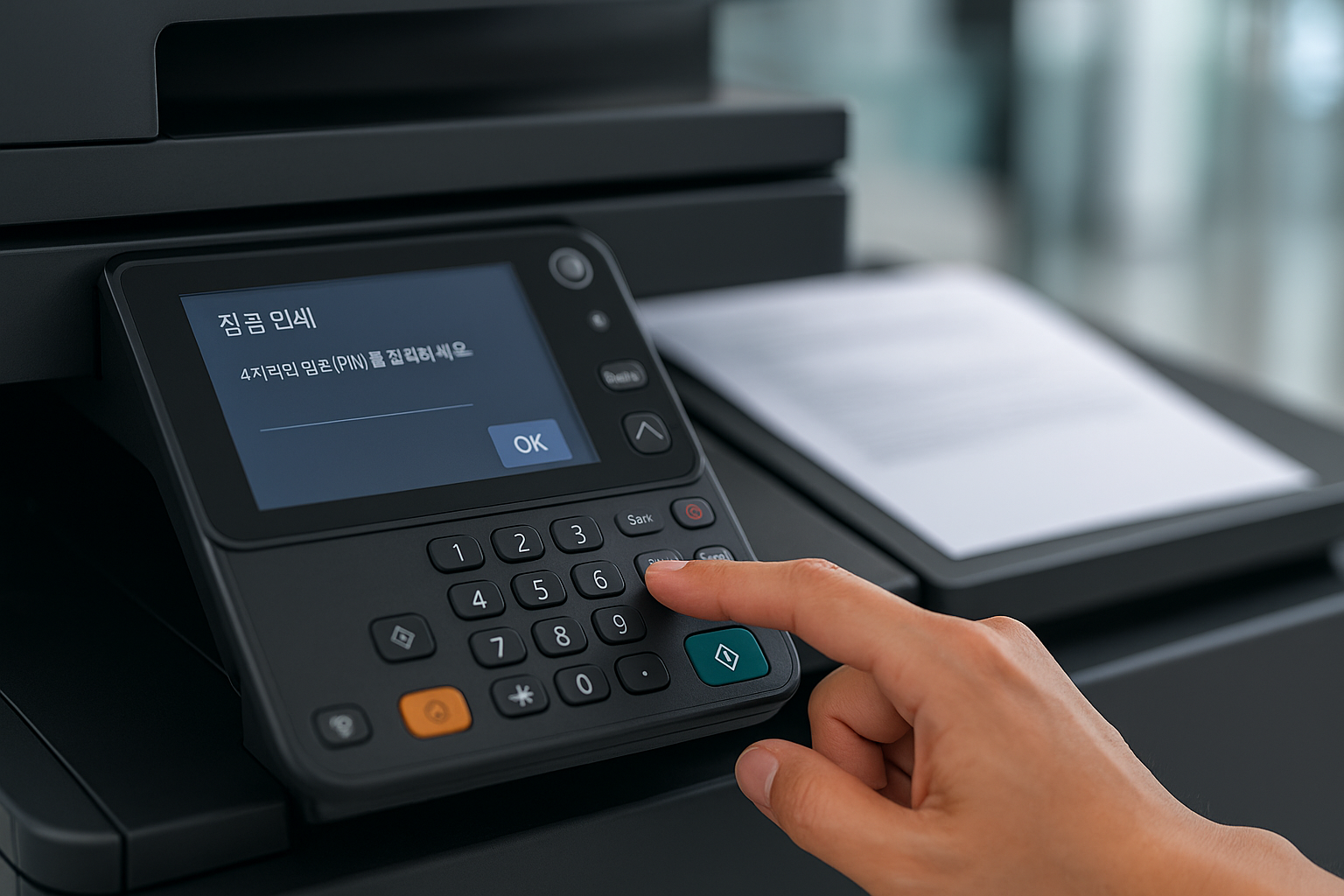 사무실 복합기에서 PIN을 입력해 잠금 인쇄를 실행하는 손