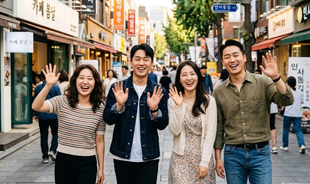 환하게 웃으며 인사하는 사람들의 사진
