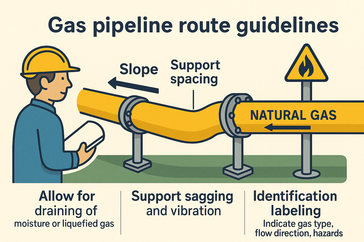 Gas pipeline route guidelines infographic showing slope, support spacing, and labeling practices