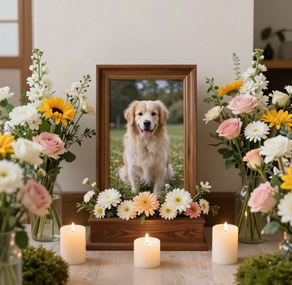 반려동물을 추모하기 위해 사진을 놓고 주변에 꽃을 장식한 모습