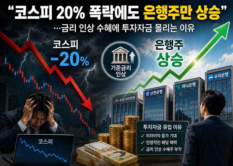 코스피 20%폭락에도 은행주만 상승한 이미지를 표현한것입니다.