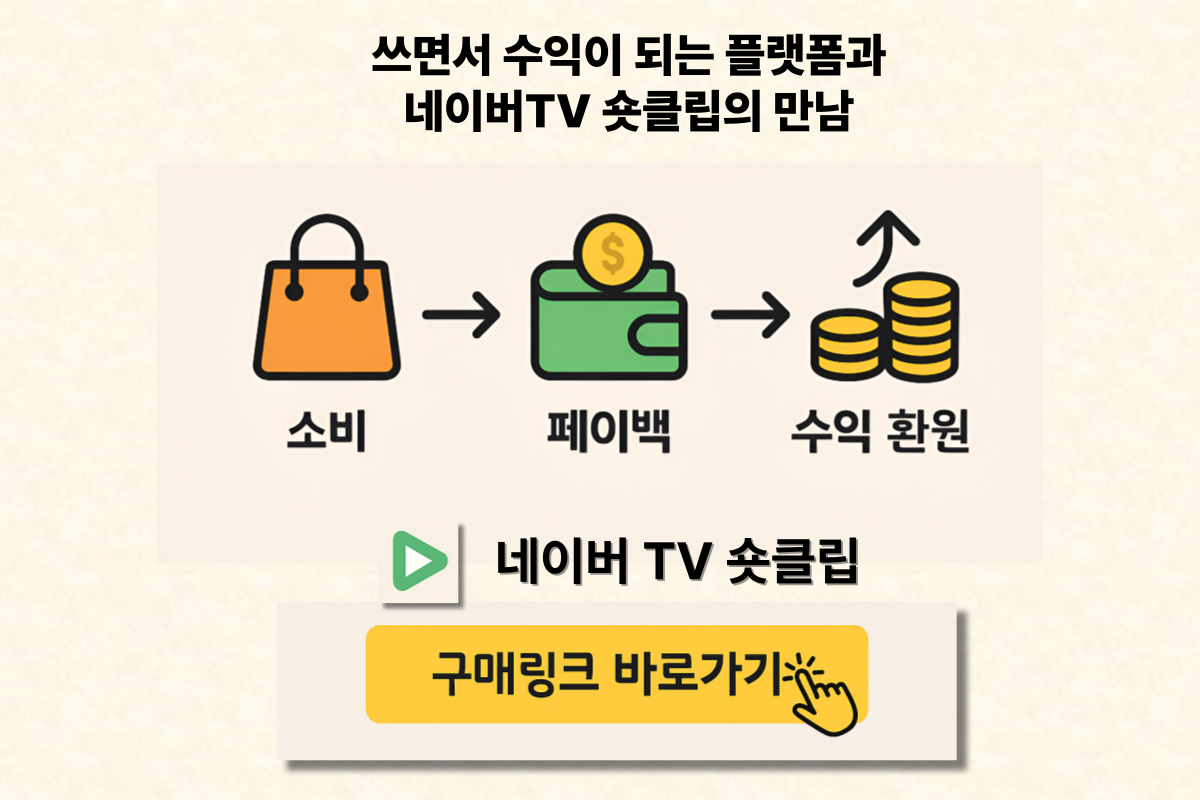 소비 → 페이백 → 수익 환원 구조를 설명하는 다이어그램. 네이버TV 숏클립과 구매링크 연결 이미지.