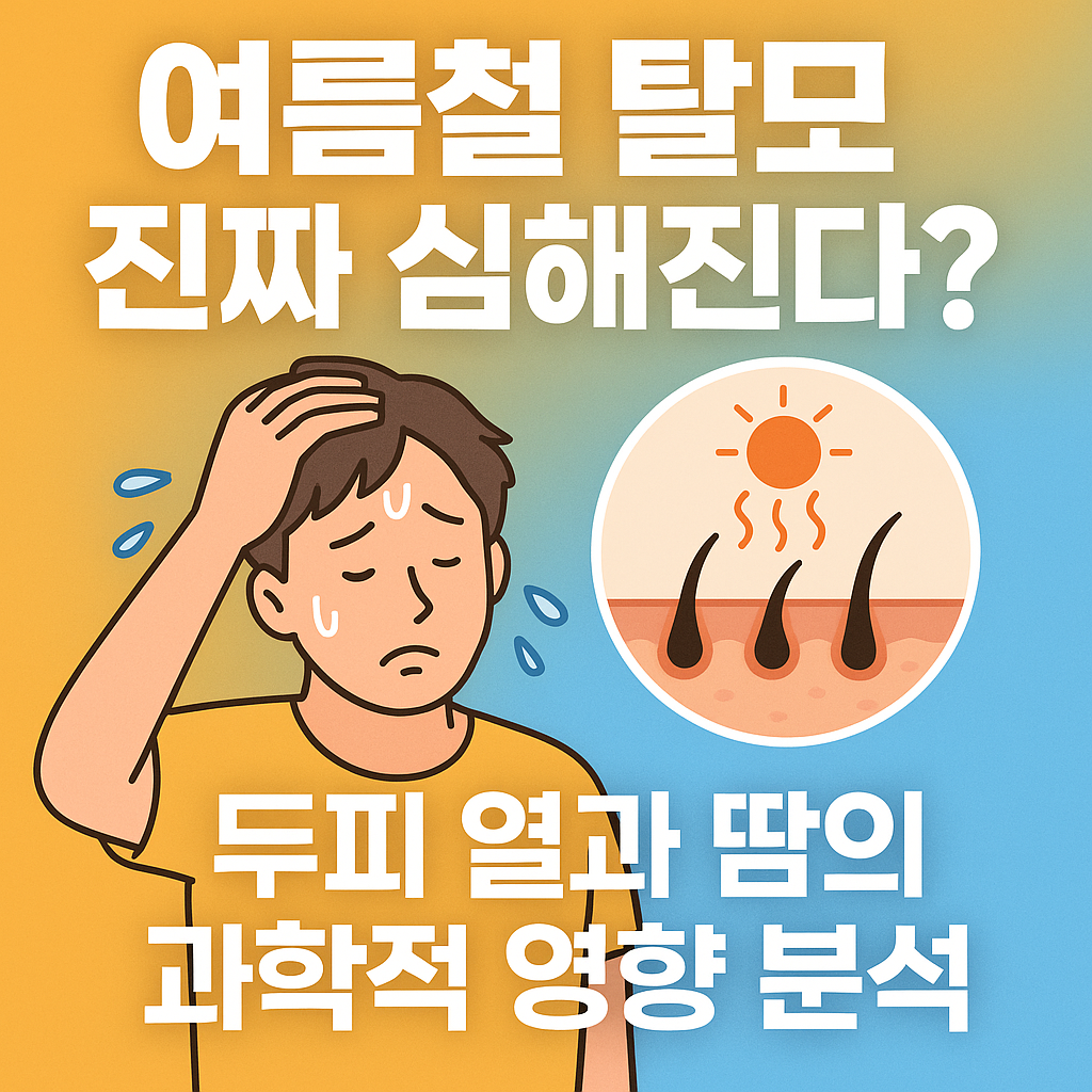 여름철 탈모로 고민하는 남성이 두피를 만지며 걱정하는 모습의 일러스트, 배경에는 두피에 열이 올라가는 그래픽과 함께 ‘여름철 탈모 진짜 심해진다? 두피 열과 땀의 과학적 영향 분석’이라는 문구가 삽입된 이미지