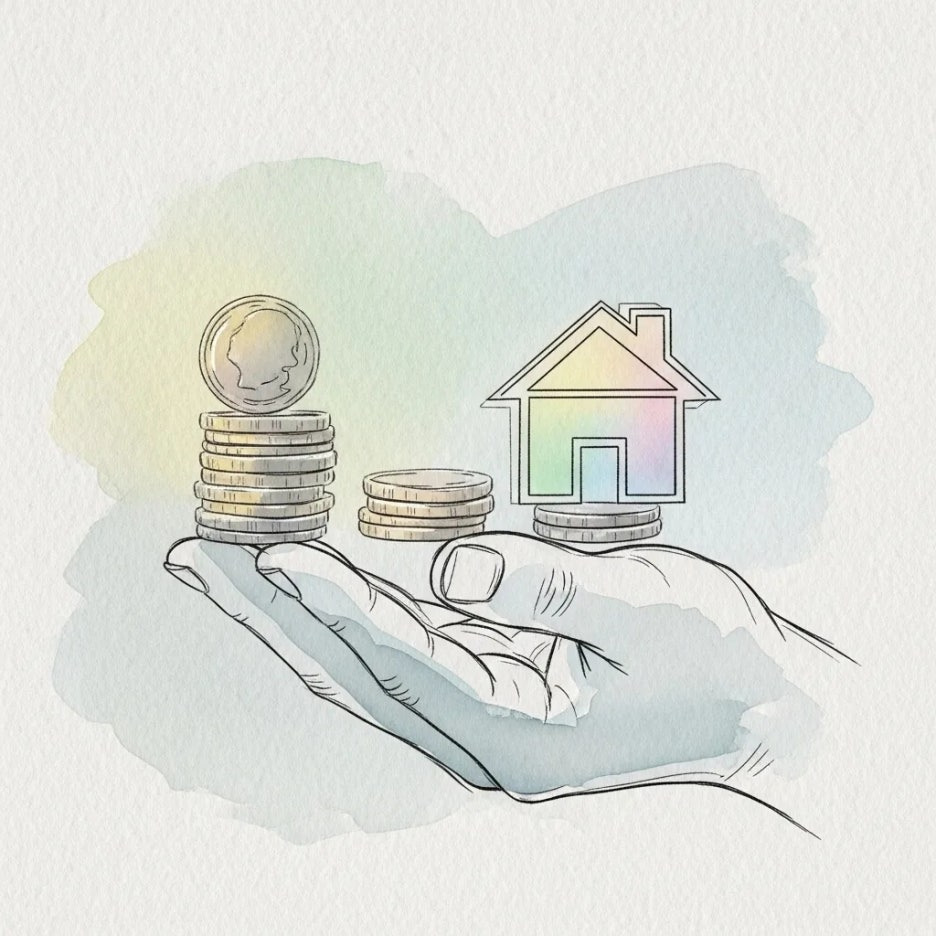 손이 주택과 동전을 조심스럽게 저울질하는 모습