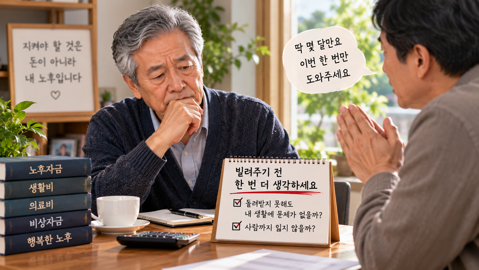가까운 사람의 금전 부탁을 받고 신중하게 고민하는 70대 남성