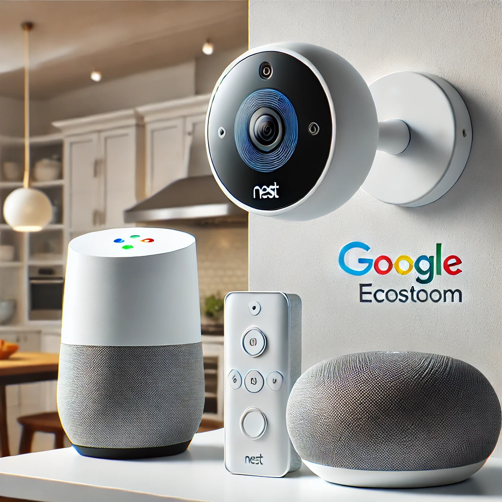 Nest 보안 카메라가 스마트 스피커 위 벽에 설치되어 Google 에코시스템 장치들과 완벽하게 통합된 모습&amp;#44; 배경에는 부드러운 조명이 있는 현대적인 주방이 보이며 자동화와 편리함을 강조