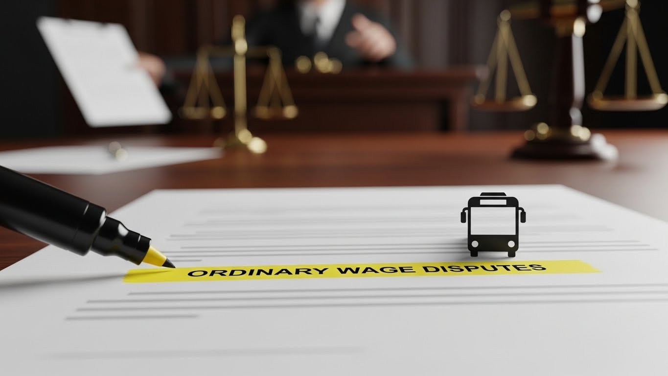 법원 판결문과 버스 아이콘이 통상임금 논란의 핵심을 강조하는 이미지.
