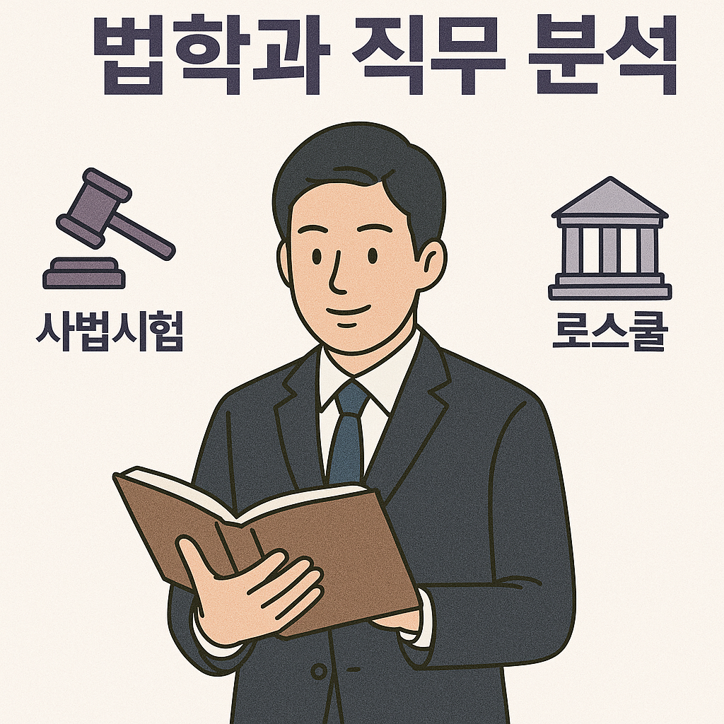 법학과 직무 분석 포스터로, 사법시험, 로스쿨, 행정법 분야를 정장 차림의 남성과 함께 설명한 일러스트. 배경은 연베이지색