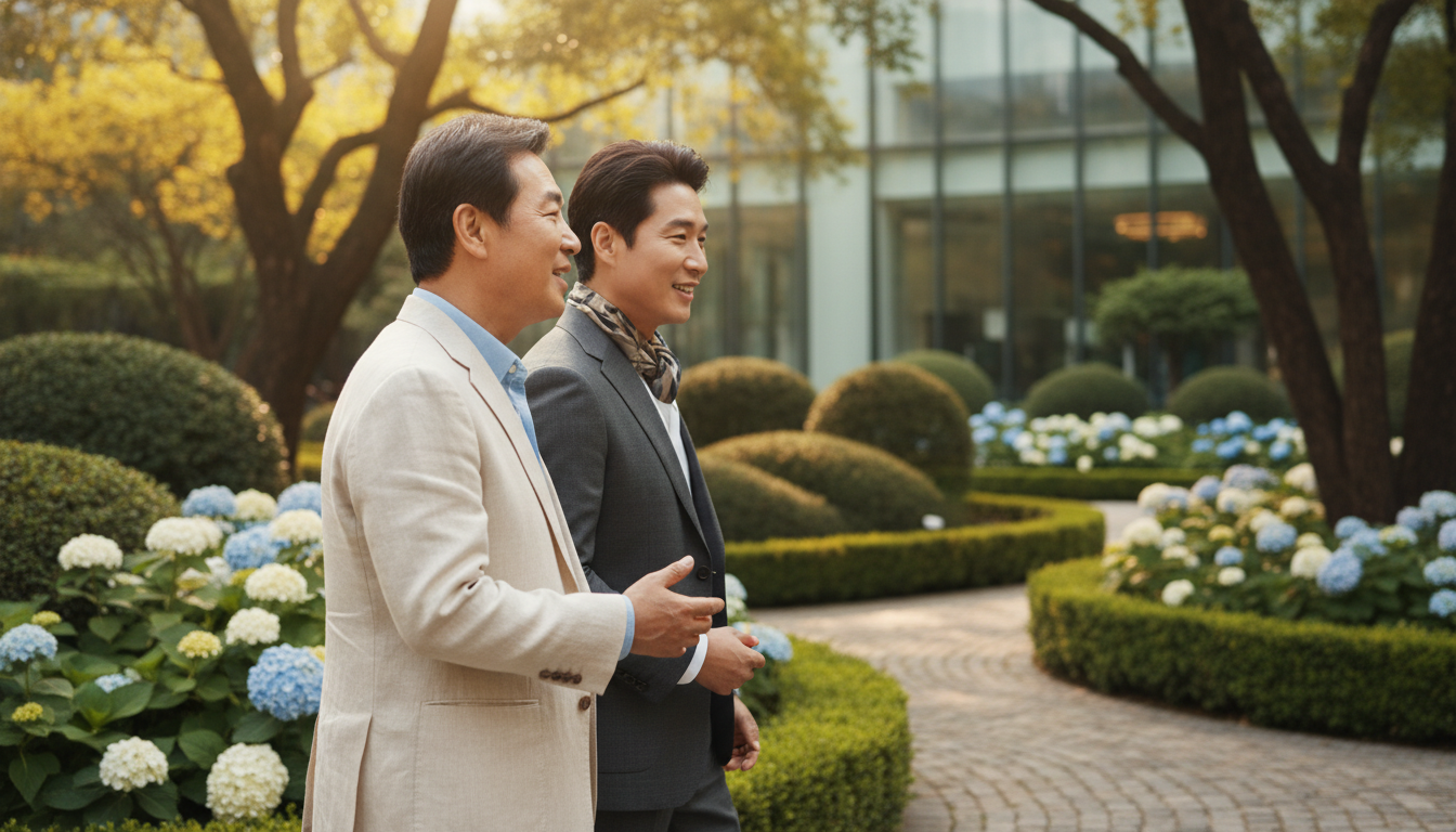 고급스러운 도심 정원 배경에서 함께 걷고 있는 60대 한국인 아버지와 40대 아들의 옆모습. 진지한 대화를 나누고 있음. 부드러운 오후의 햇살, 자연스러운 에디토리얼 스타일, 따뜻한 색감. 세대 간의 부의 이전과 가족 계획을 상징.