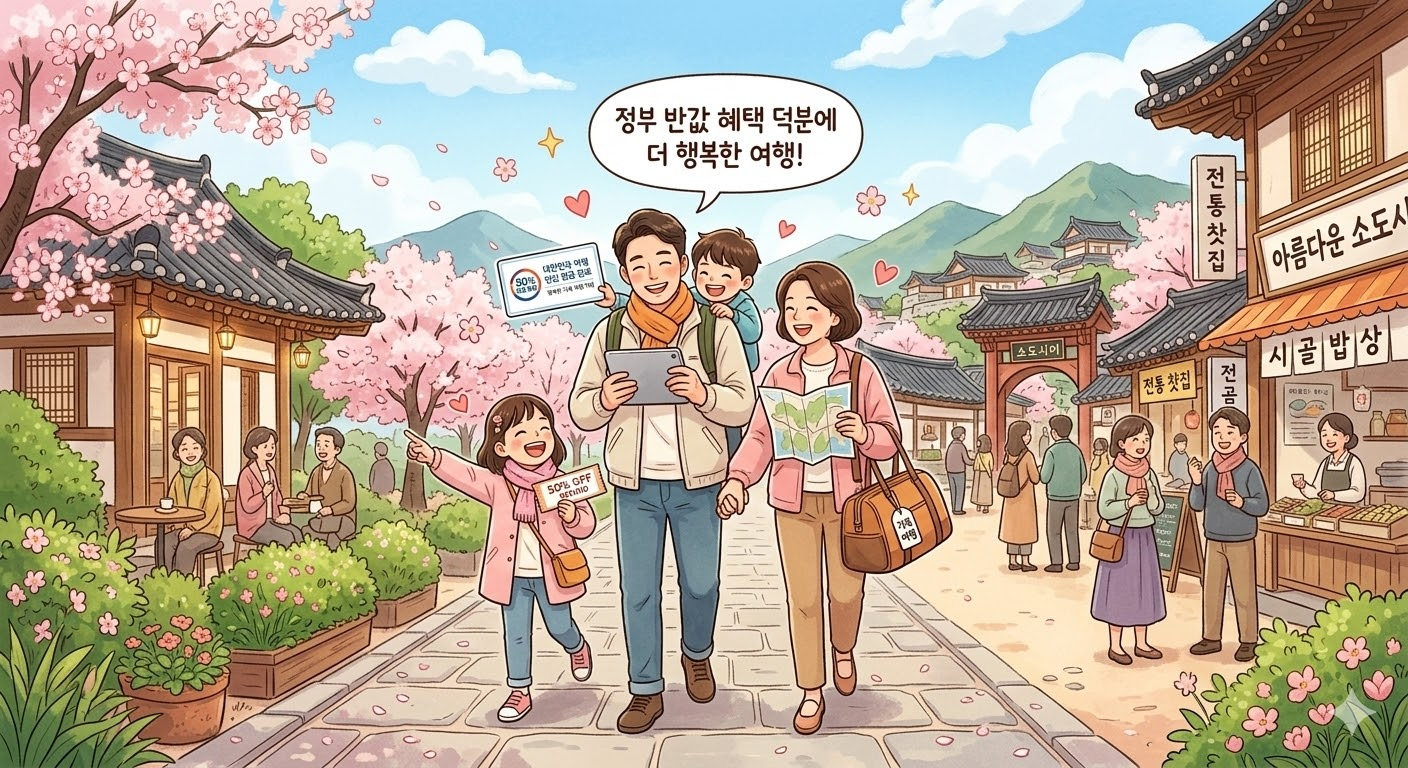 대한민국 아름다운 소도시에서 가족이 함께 여행하며 긍정적인 에너지와 정부의 반값 환급 혜택을 누리는 행복한 감성 일러스트
