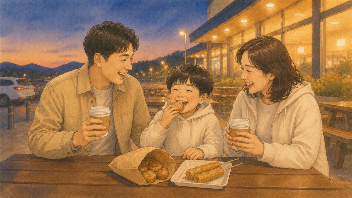 휴게소 야외 테이블에서 호두과자와 어묵을 나눠 먹는 가족 일러스트