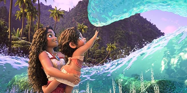 Moana holding a child while interacting with ocean waves in Moana 2