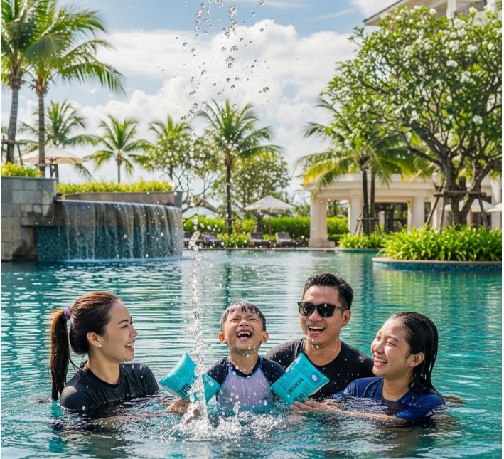 나트랑의 한 리조트 수영장에서 아이와 함께 물놀이를 즐기며 웃고 있는 가족의 모습