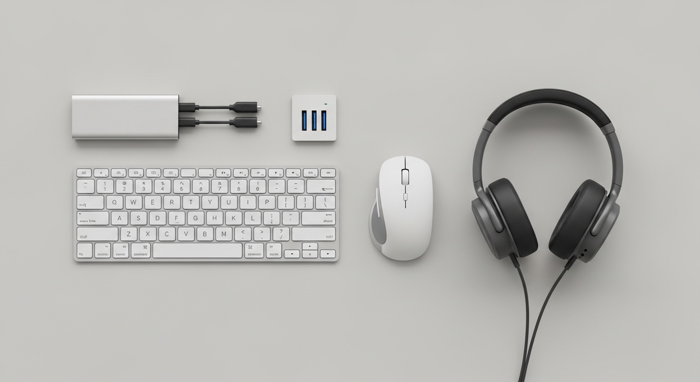 2025년 디지털 미니멀리스트를 위한 필수 IT 주변기기(무선 키보드, 마우스, 헤드폰, 멀티허브)를 모아놓은 깔끔한 이미지.