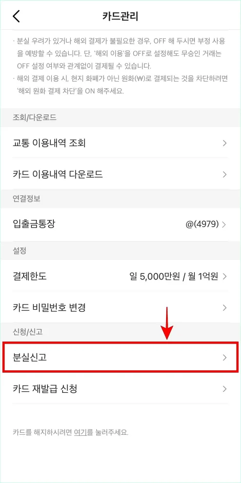 카드관리 메뉴 중 '분실신고'를 선택