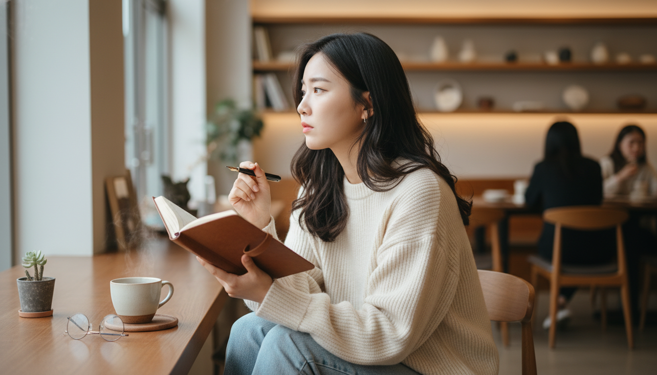 조용하고 아늑한 카페에서 일기를 쓰며 깊은 생각에 잠긴 한국인 여성.