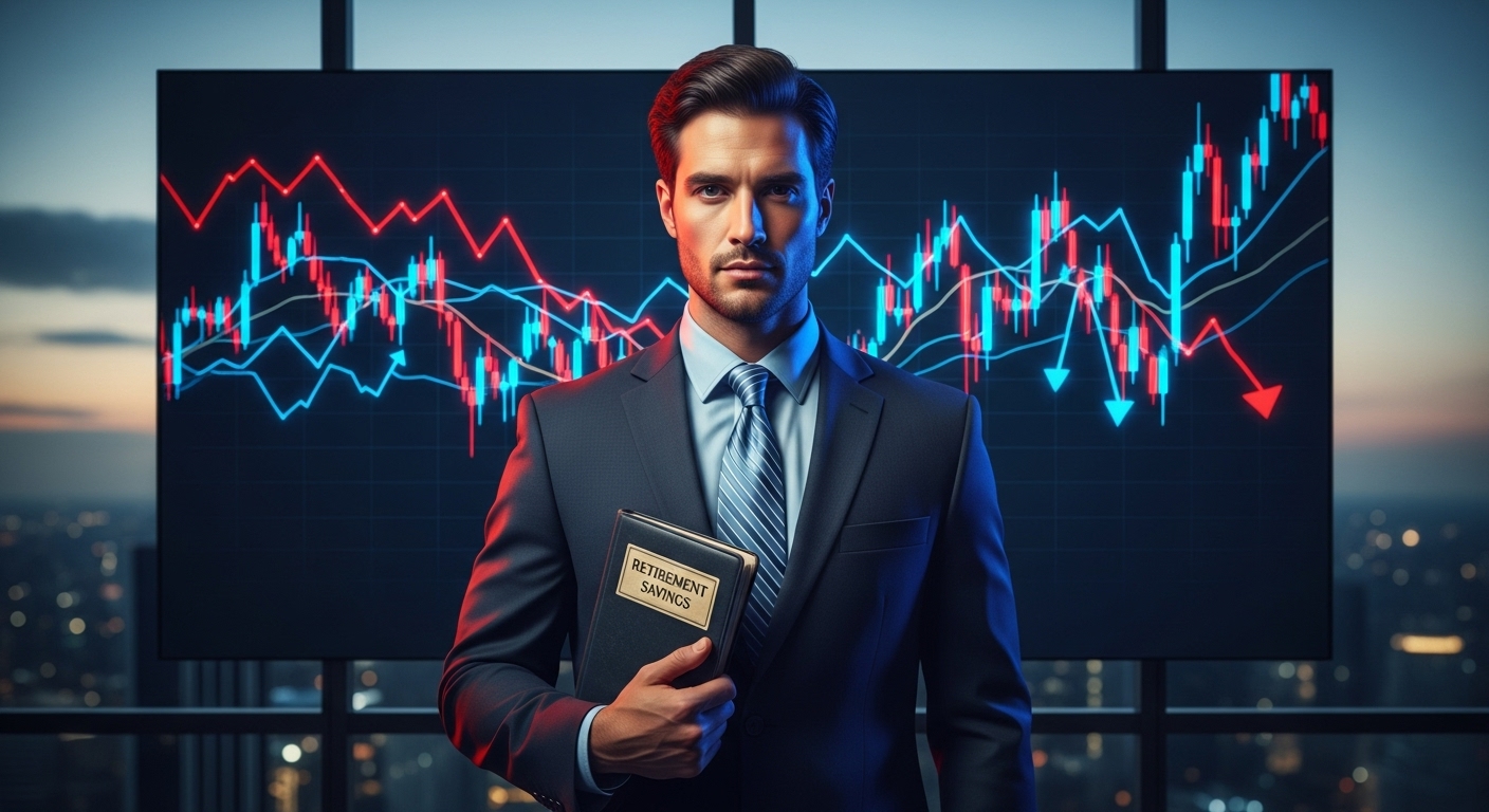 붉은색과 푸른색 화살표가 그려진 주식 그래프 앞에서 두꺼운 연금 통장을 들고 있는 직장인의 모습