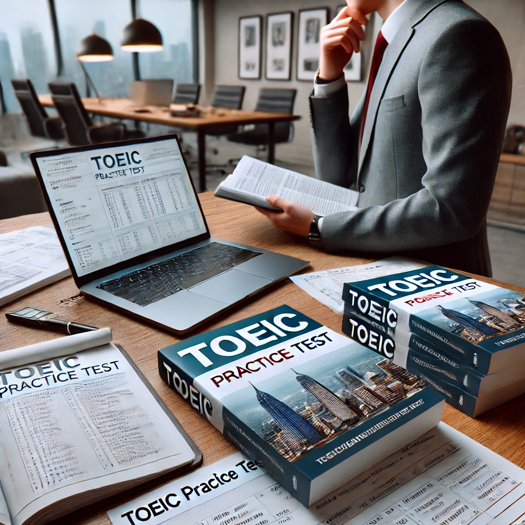 사무실에서 토익 자료를 검토하는 모습