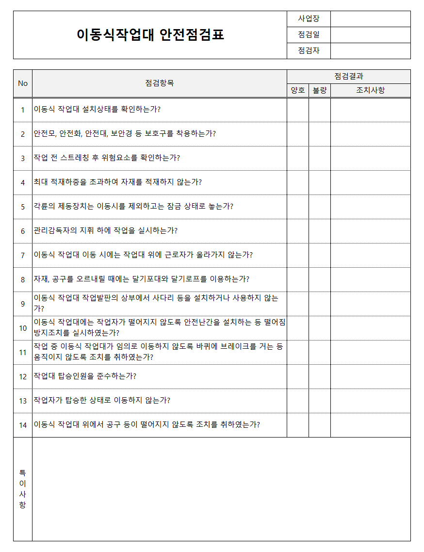 이동식작업대 안전점검표