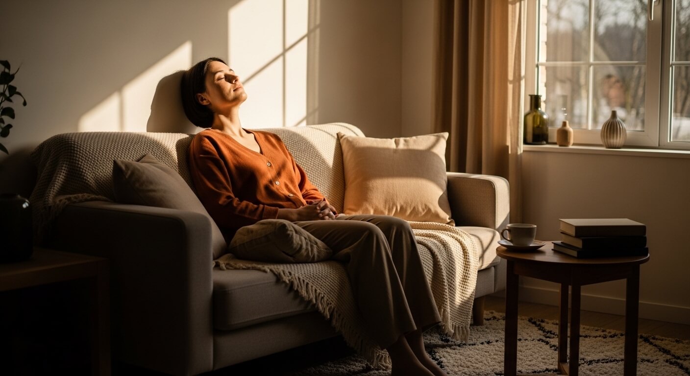 거실 소파에 앉아 짧은 낮잠을 자며 휴식하는 사람의 모습, 자연광이 들어오는 편안한 실내 환경